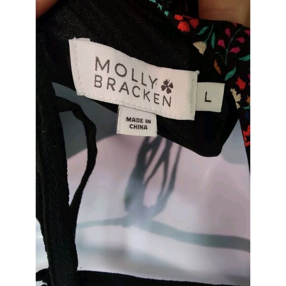 Molly Bracken Floral Long-Flare-Sleeve Boat Neck Tie-Back Mini Shift Dress L - Picture 6 of 7